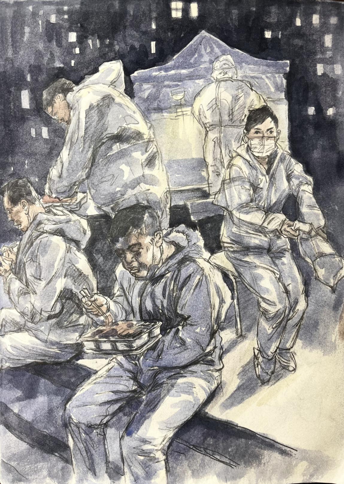2.冯大康,《守候》,铅笔淡彩,21×29.5CM,2022年。 2.冯大康,《守候》,铅笔淡彩,21×29.5CM,2022年。