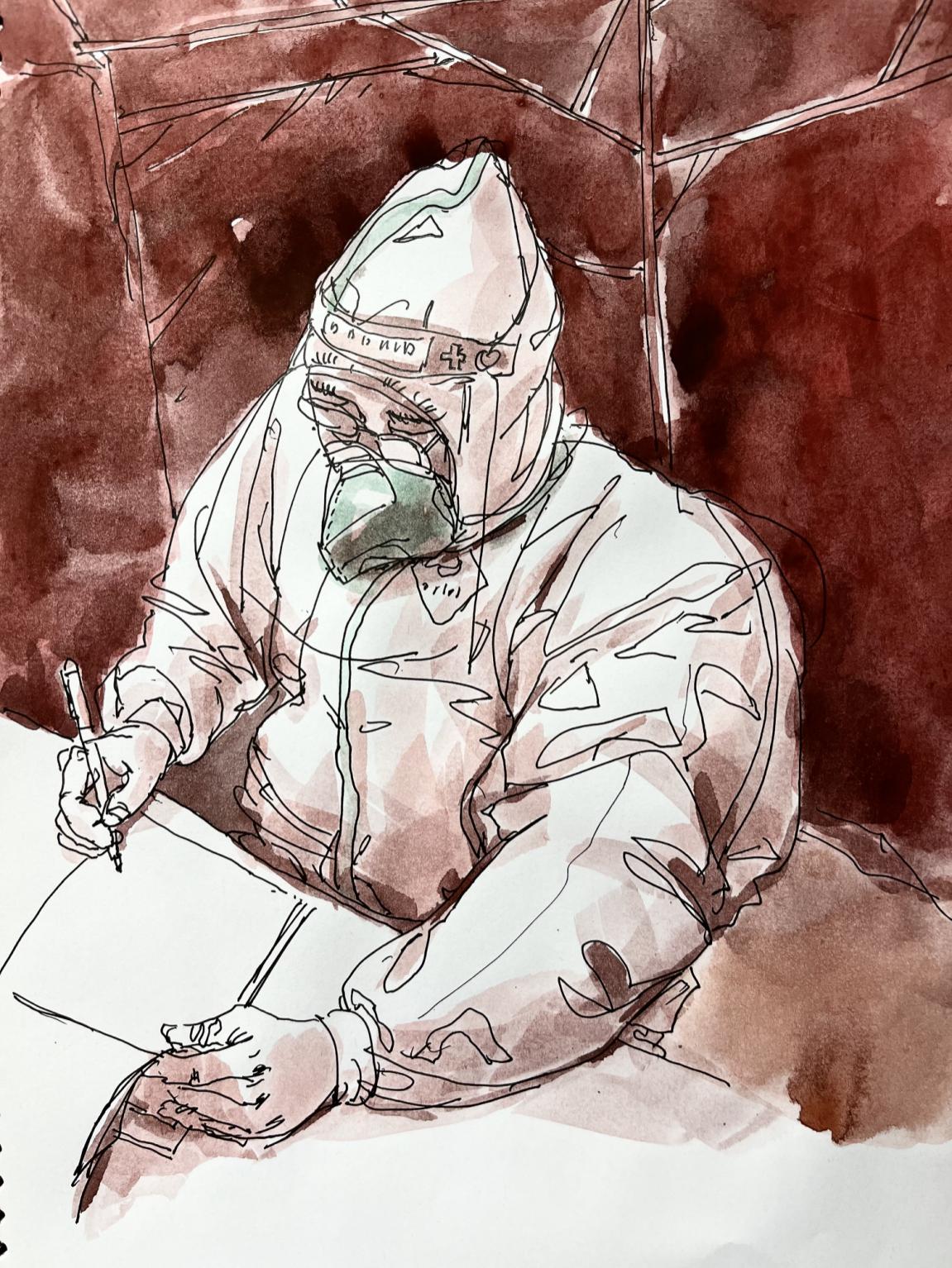 5.冯大康,《做好数据登记》,钢笔淡彩,21×26.5CM,2022年。