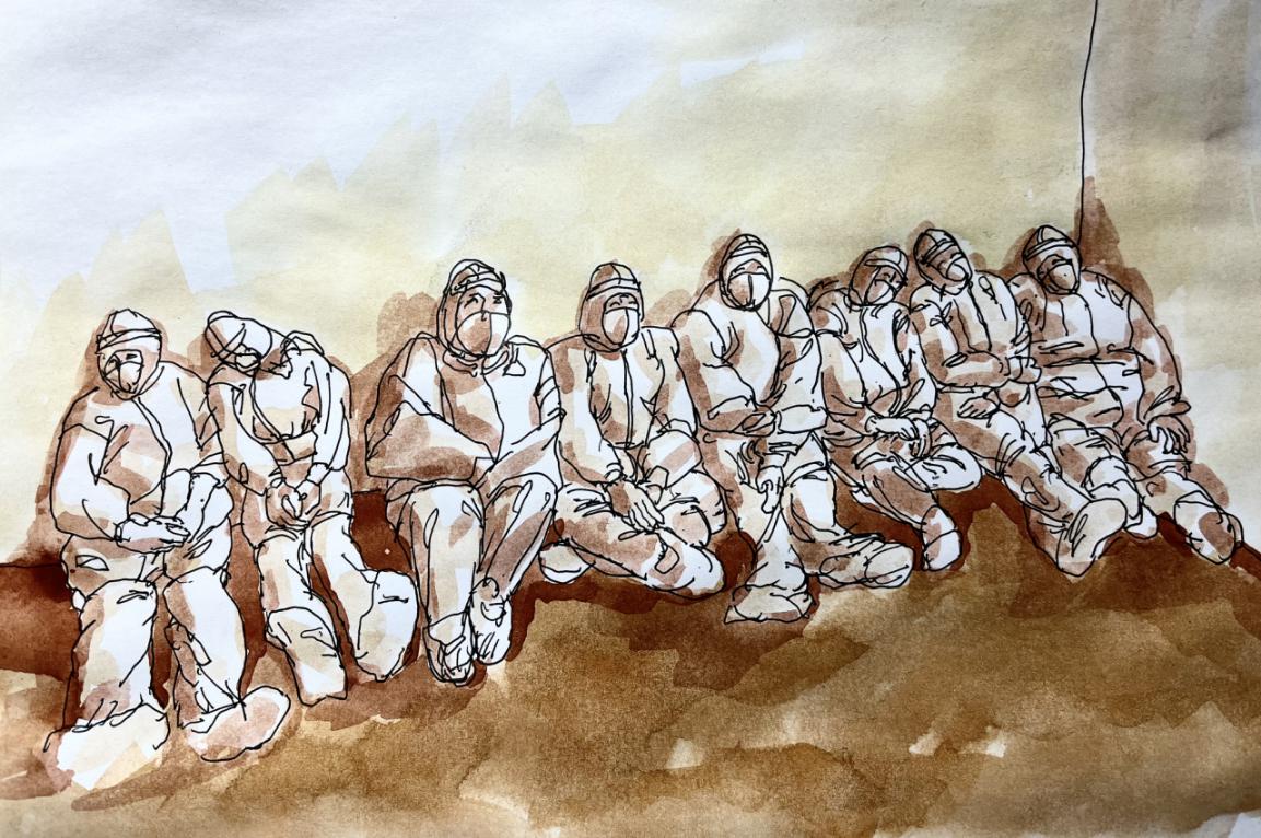 3.冯大康,《休息一下再换班》,钢笔淡彩,21×26.5CM,2022年。