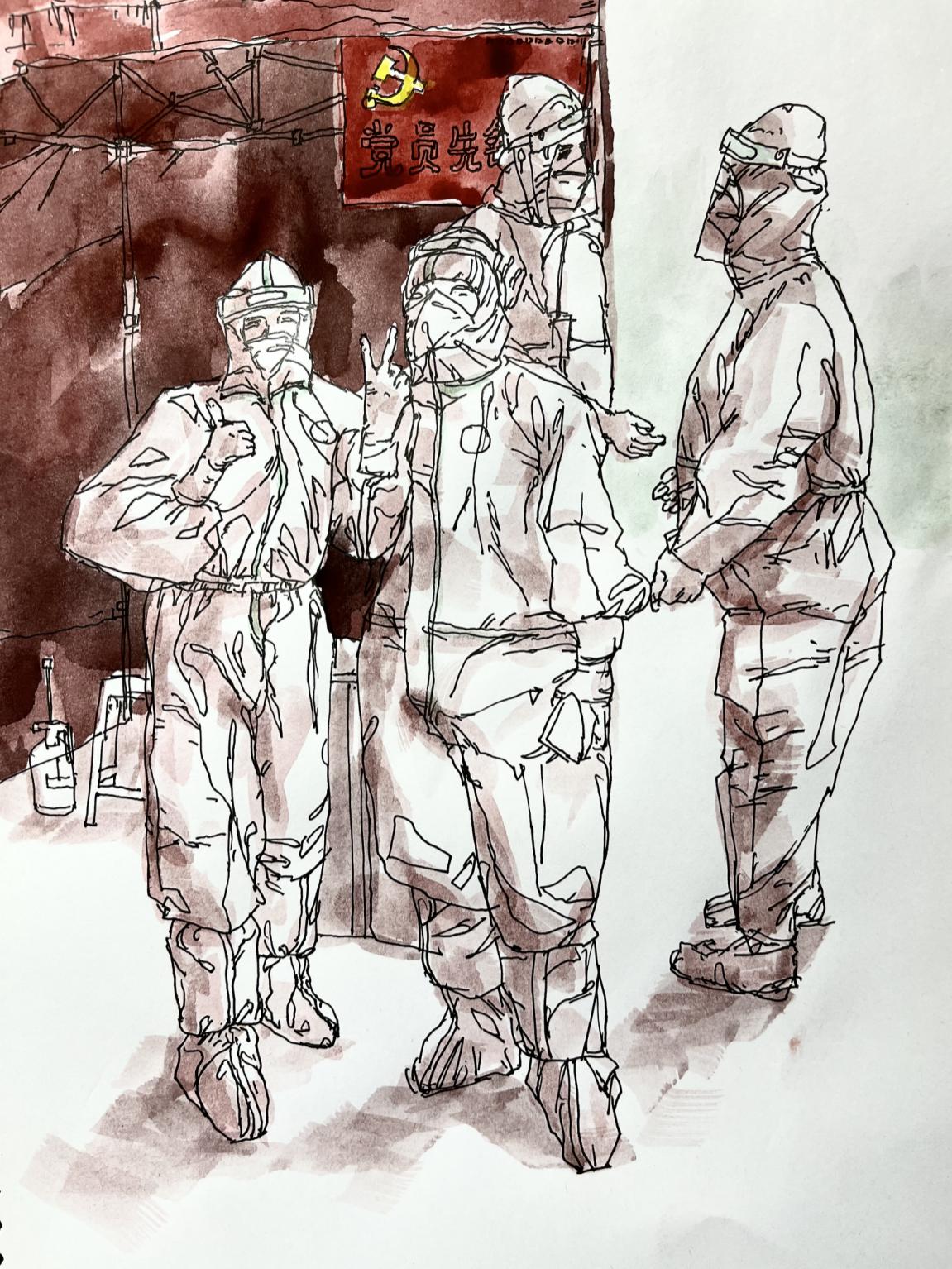 6.冯大康,《党员先锋队》,钢笔淡彩,21×26.5CM,2022年。