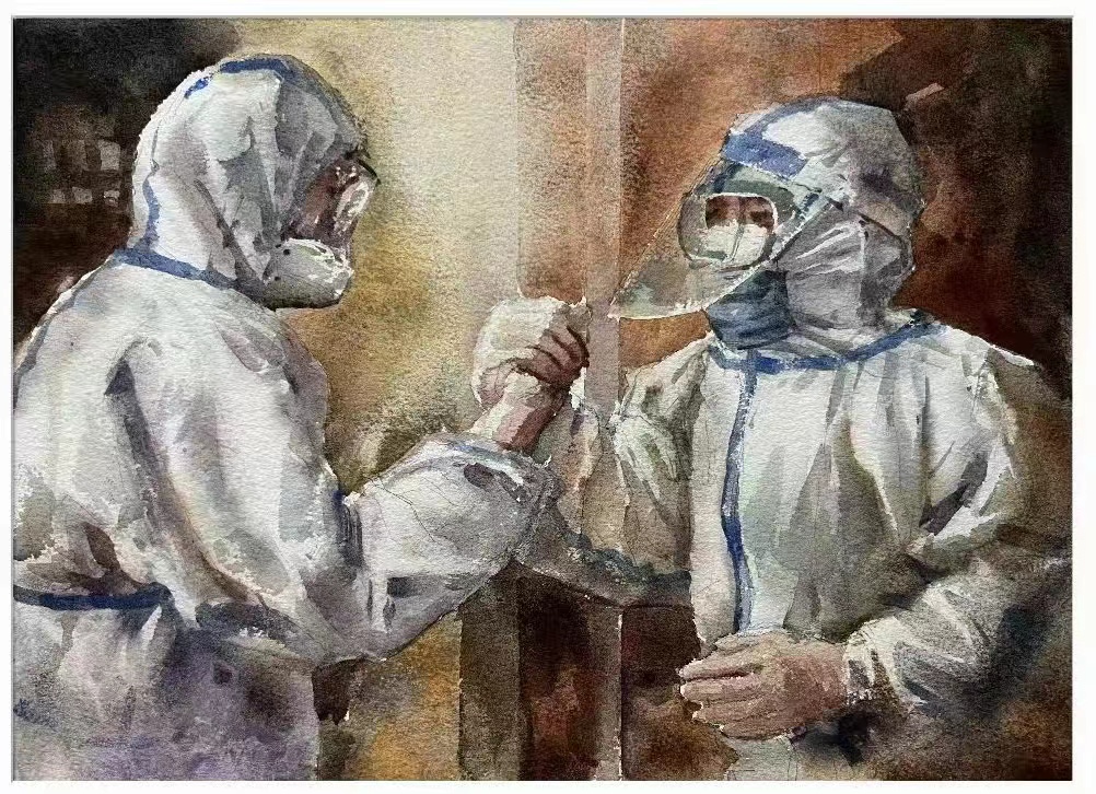 徐燕《携手共进》纸本水彩35x27cm,2022年3月